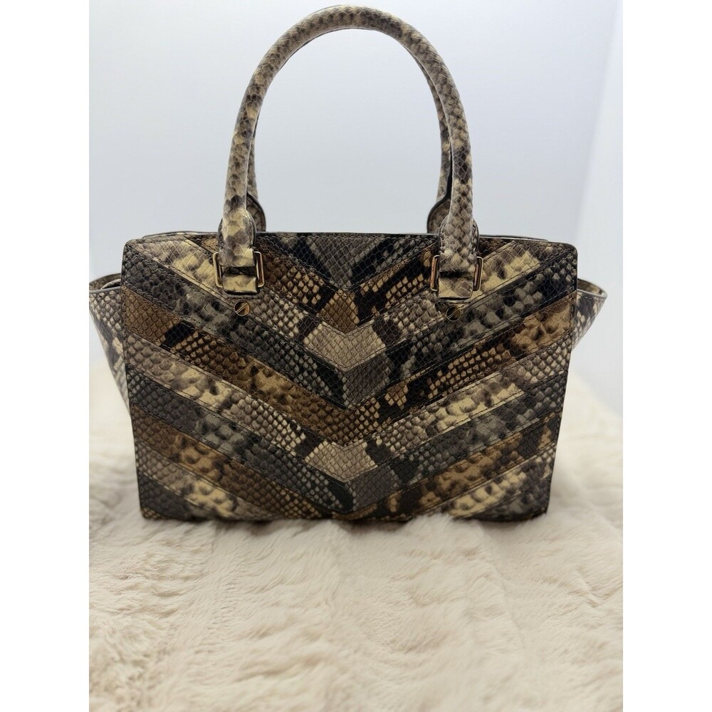 Michael Kors Selma Medium Satchel Python Embossed Leather Brown Chevron Bag - Picture 2 of 12